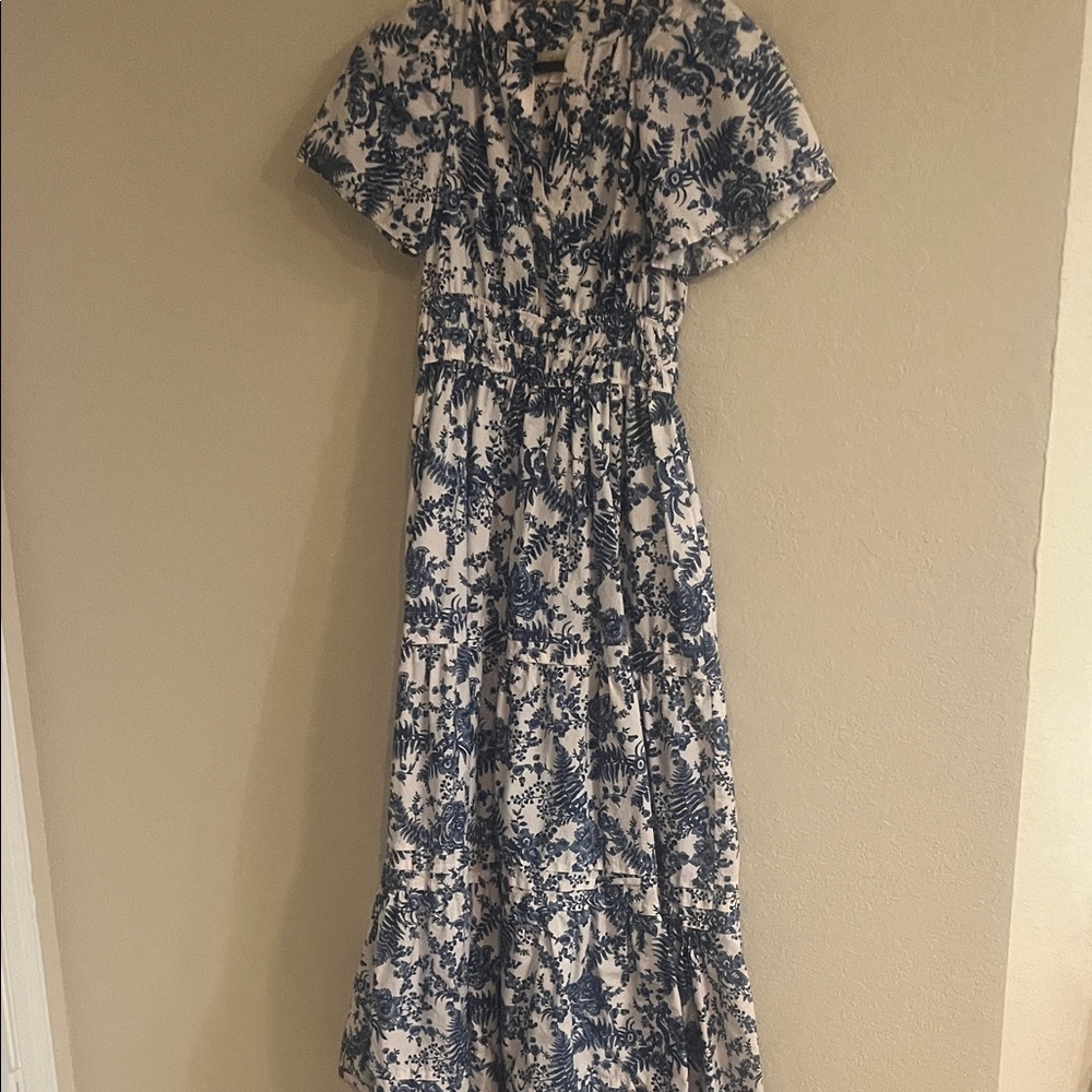 Maeve Anthropologie Blue and White Patterned Maxi Somerset Dress